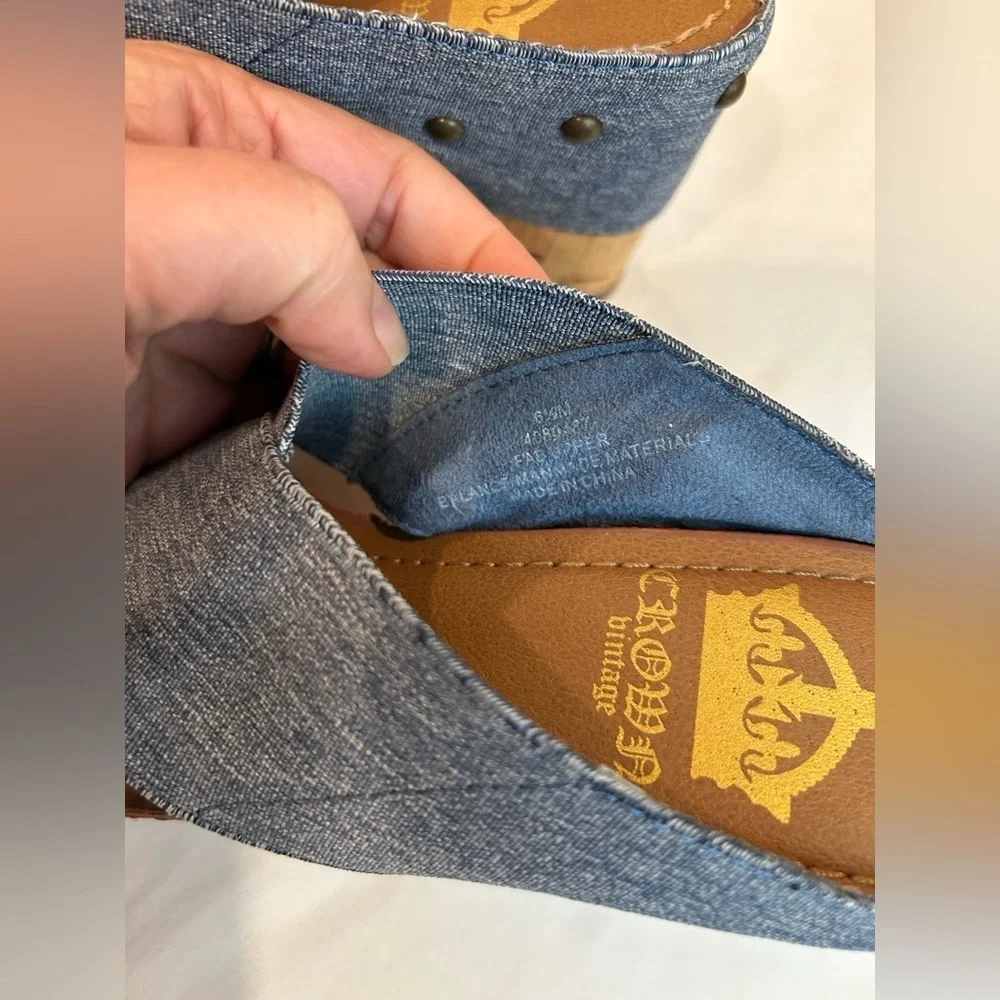 Crown Vintage Cork Wedge Blue Denim Stretch Studded Sandal Size 6.5